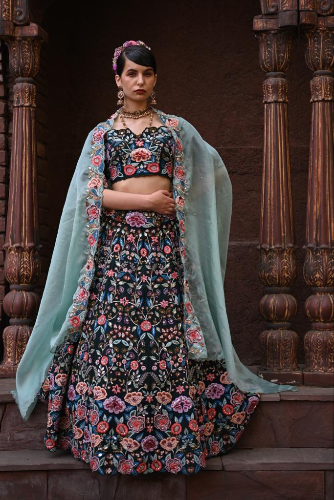 Bottle green embroidered and embellished heavy lehenga set