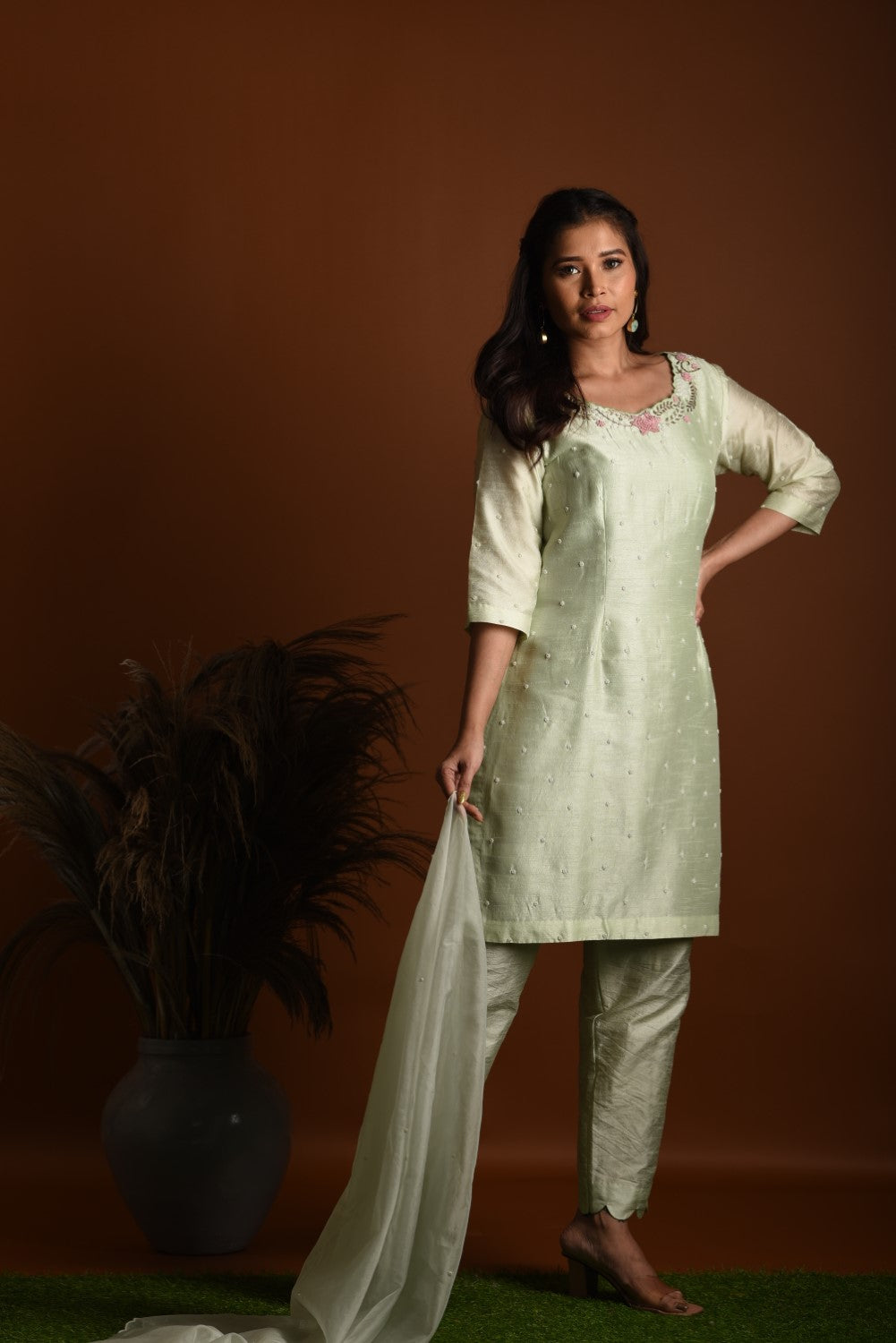 Mint green embroidered kurti set