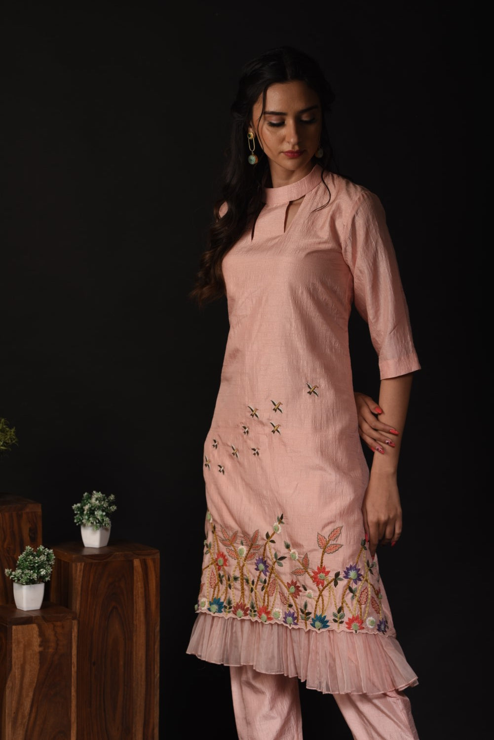 Peach frill kurti set