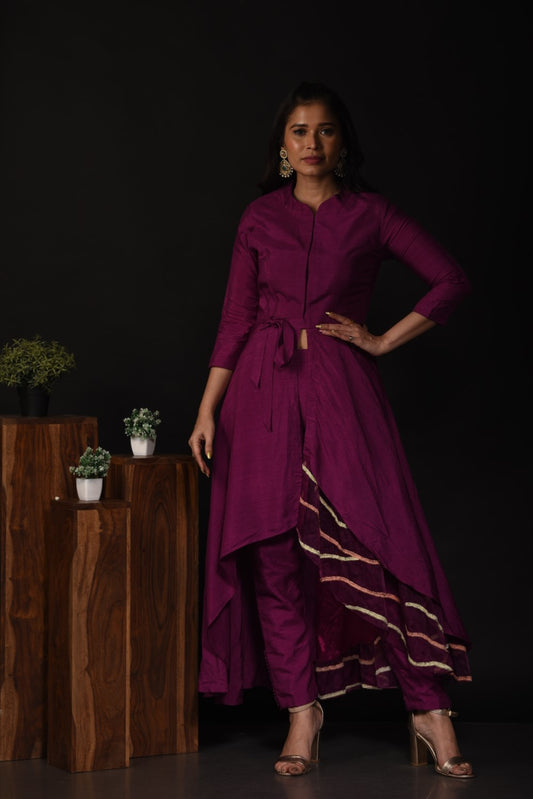 Purple front slit high low kurti set