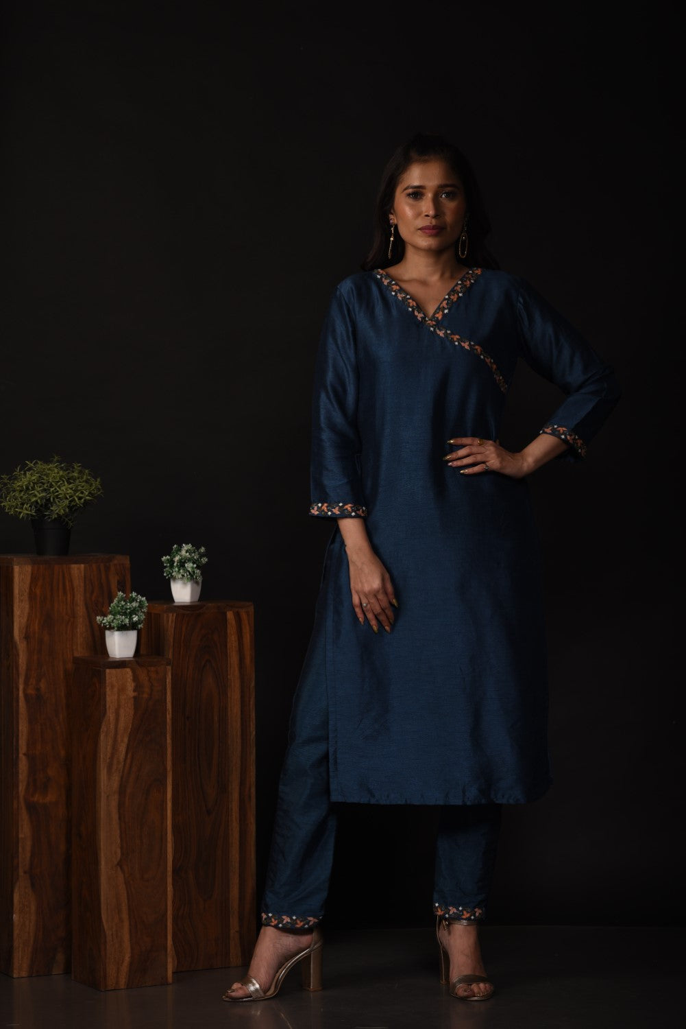 Teal blue embroidered kurti set
