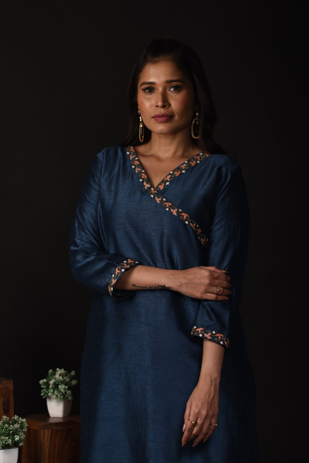 Teal blue embroidered kurti set