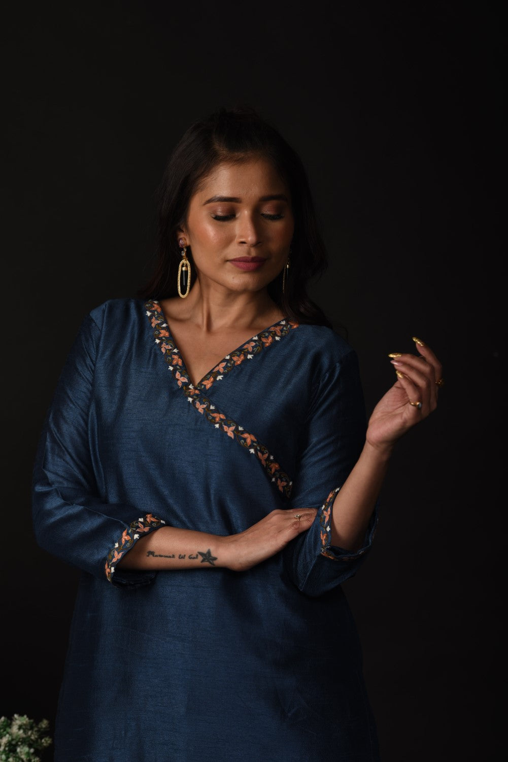 Teal blue embroidered kurti set