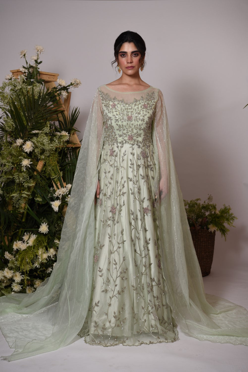 Mint green trailing sleeves gown