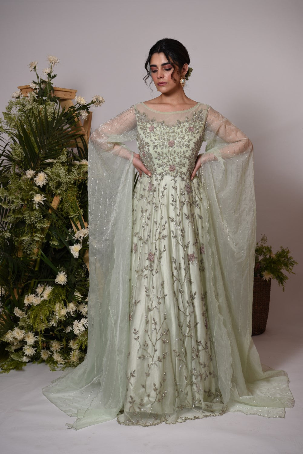 Mint green trailing sleeves gown