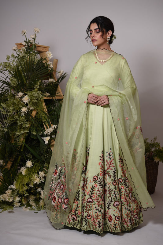 Pista green anarkali gown set