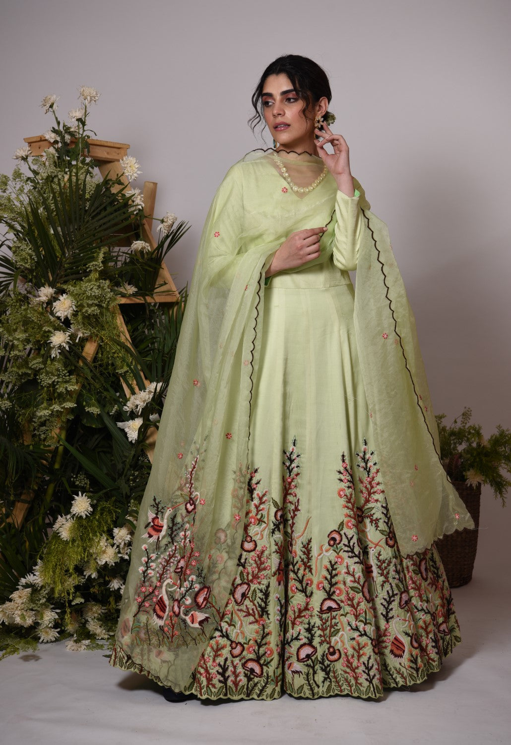 Green Color Party Wear ReadyMade Gown With Belt :: ANOKHI FASHION
