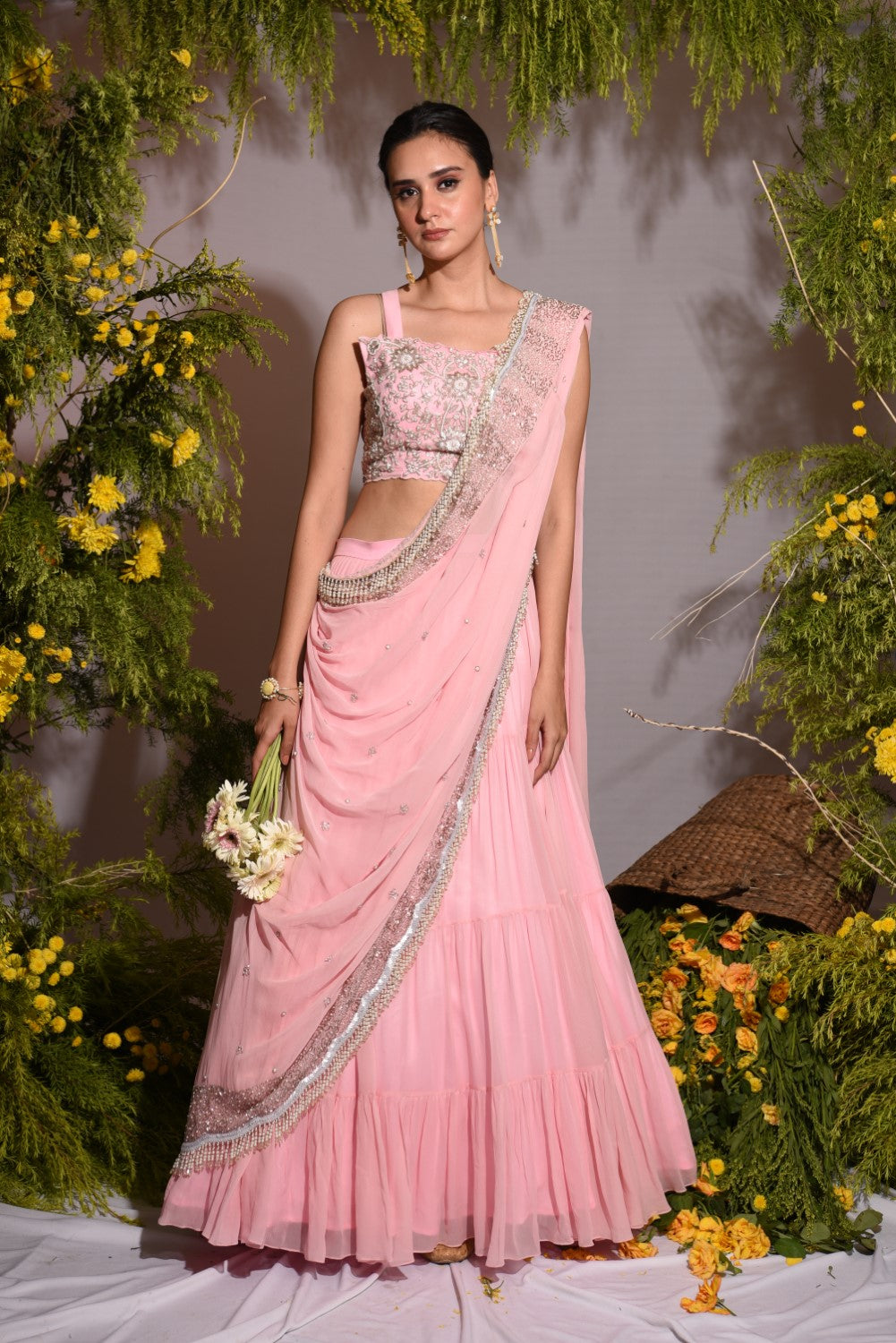 Baby pink draped lehenga set