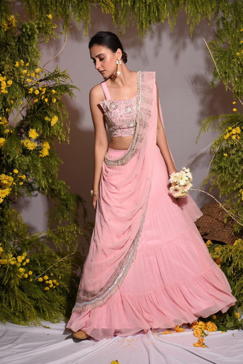 Baby pink draped lehenga set