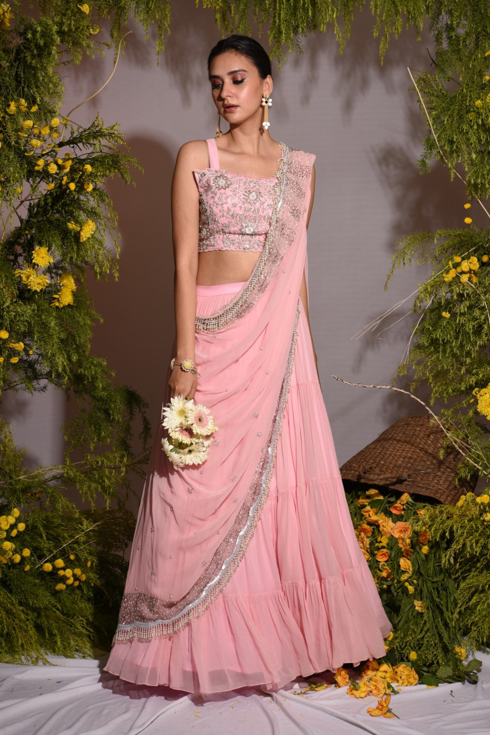 Baby pink draped lehenga set