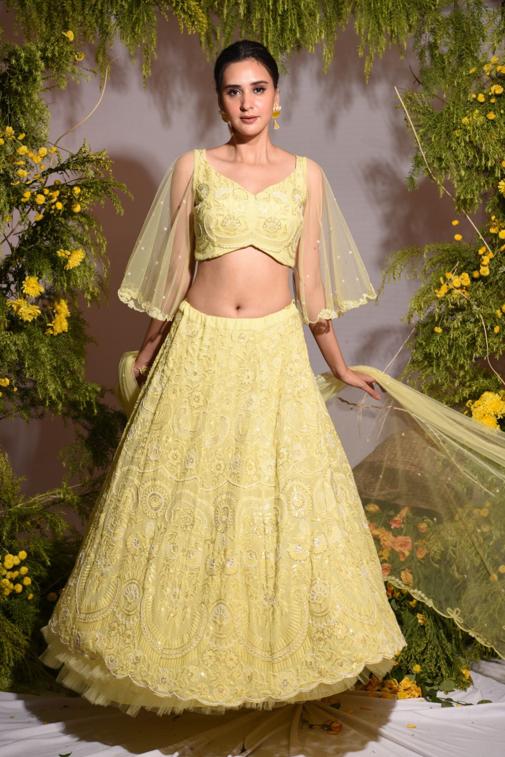 Lemon Yellow Georgette Lehenga In Stripe Design And A Floral Patch On The  Top - Small Wonder Dresses