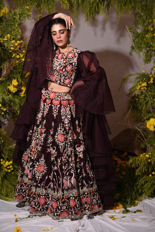 Wine embroidered and embellished lehenga set