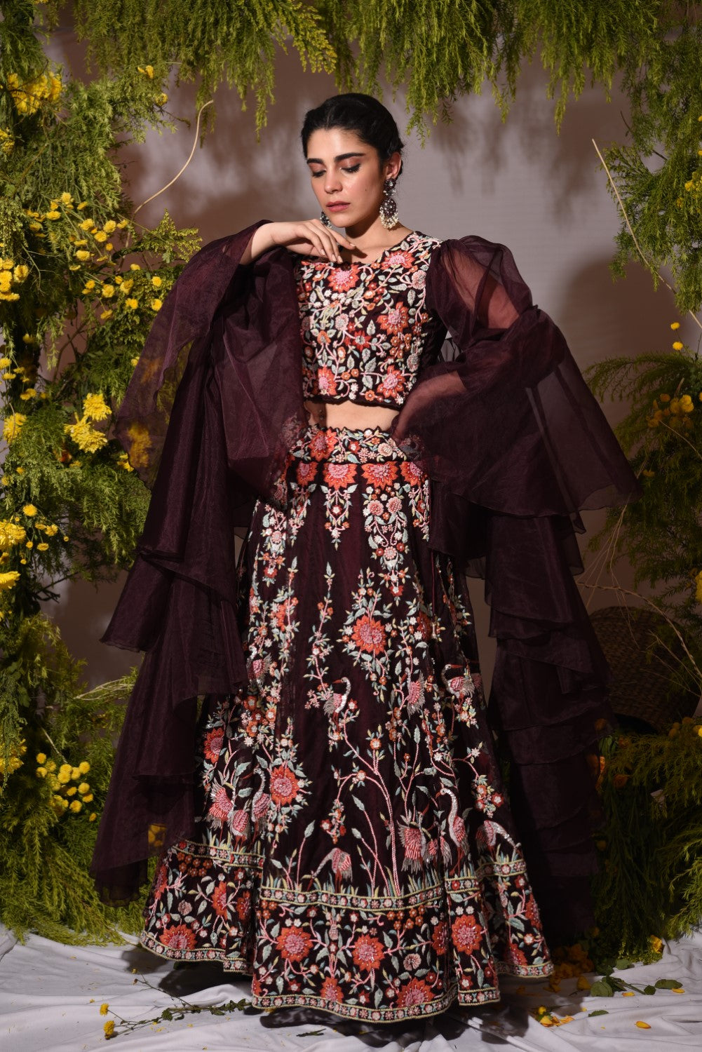 Wine embroidered and embellished lehenga set