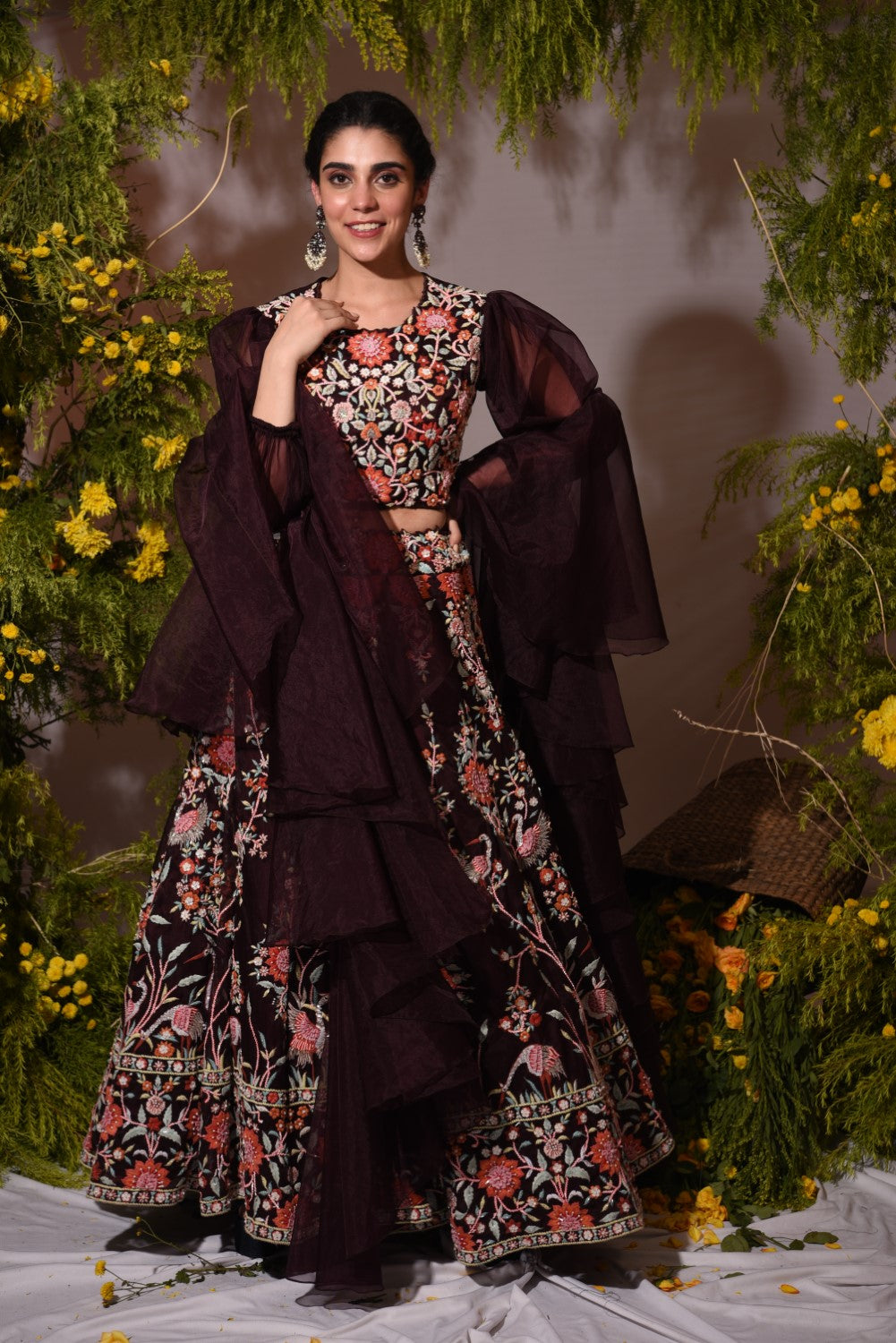 Wine embroidered and embellished lehenga set