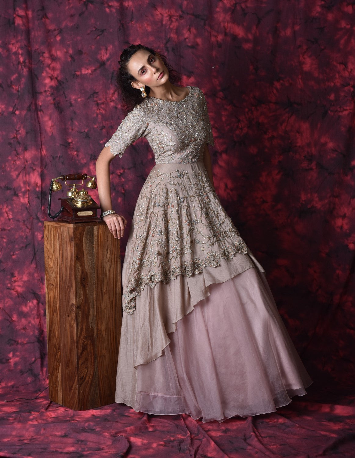 Beige embellished layered gown