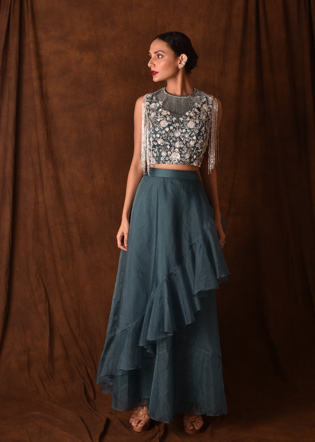 Teal blue embellished frill skirt with crop top  set