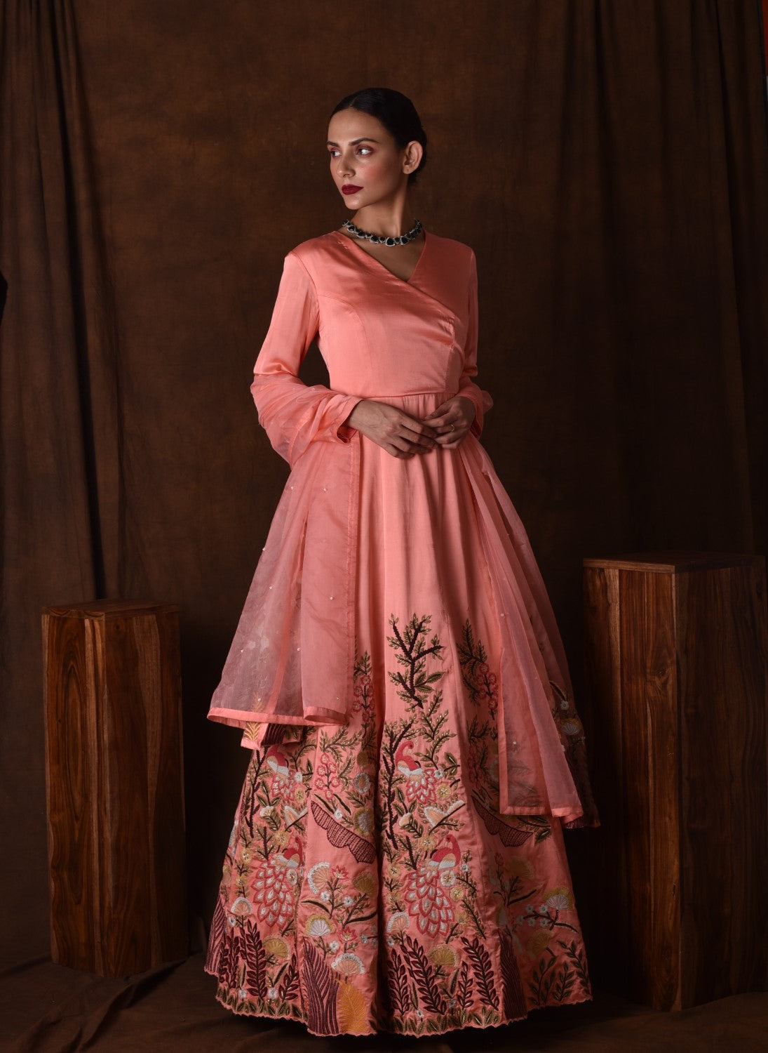 Peach embroidered anarkali gown set