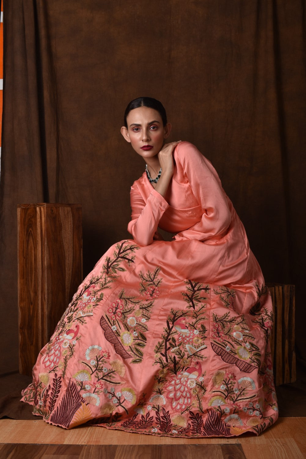 Peach embroidered anarkali gown set