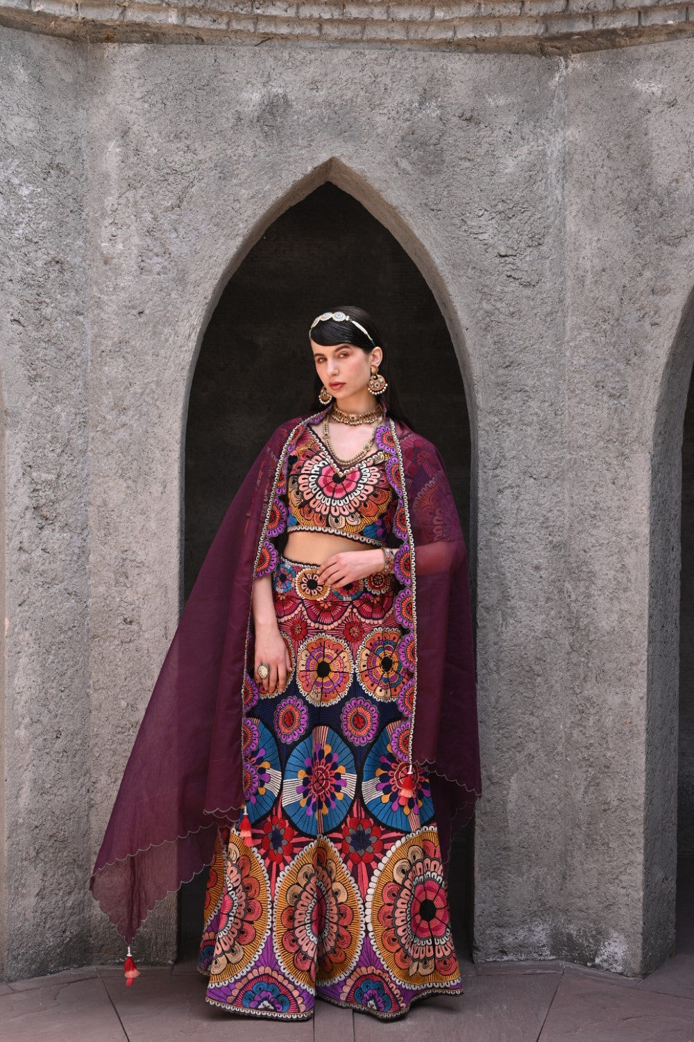 Wine thread work lehenga set