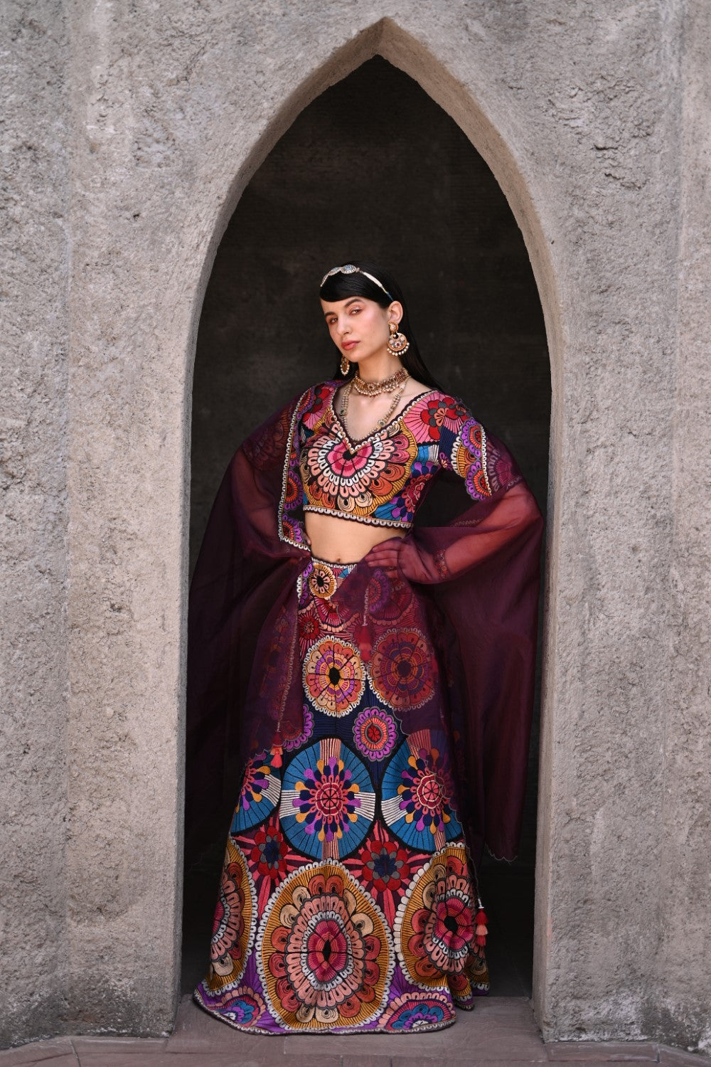 Wine thread work lehenga set