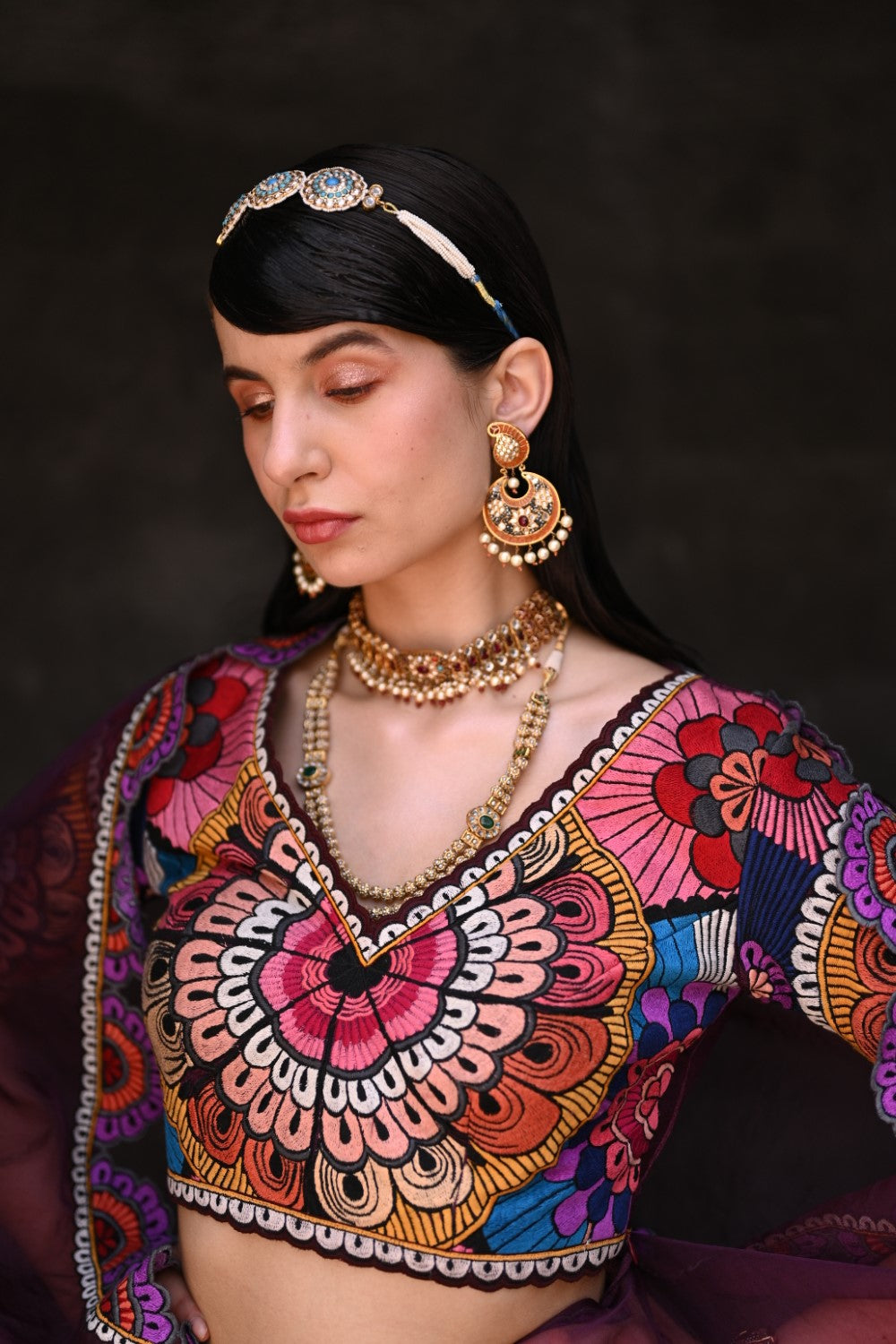 Wine thread work lehenga set