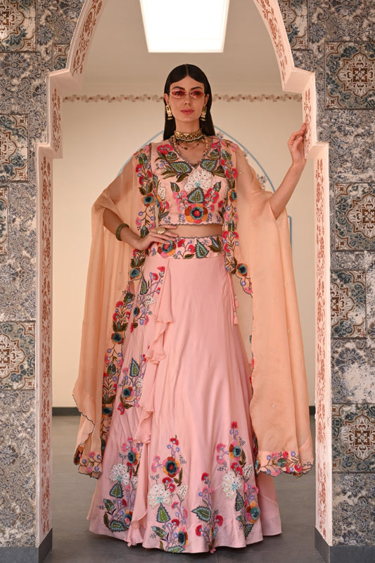 Peach lehenga set with cape