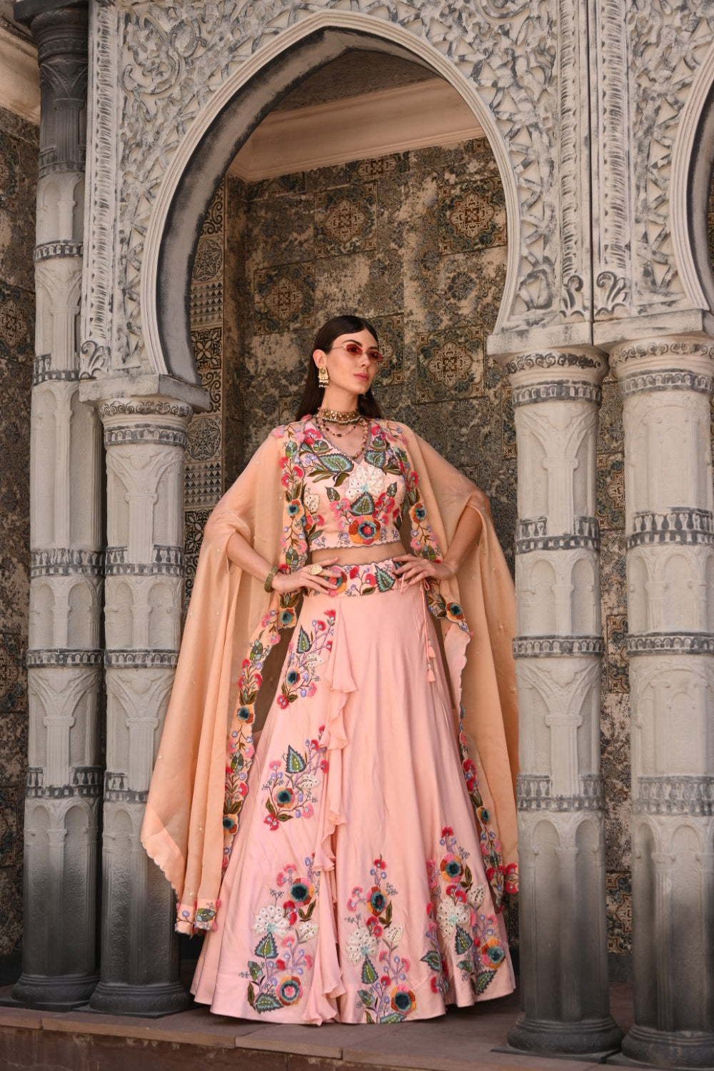 Peach lehenga set with cape