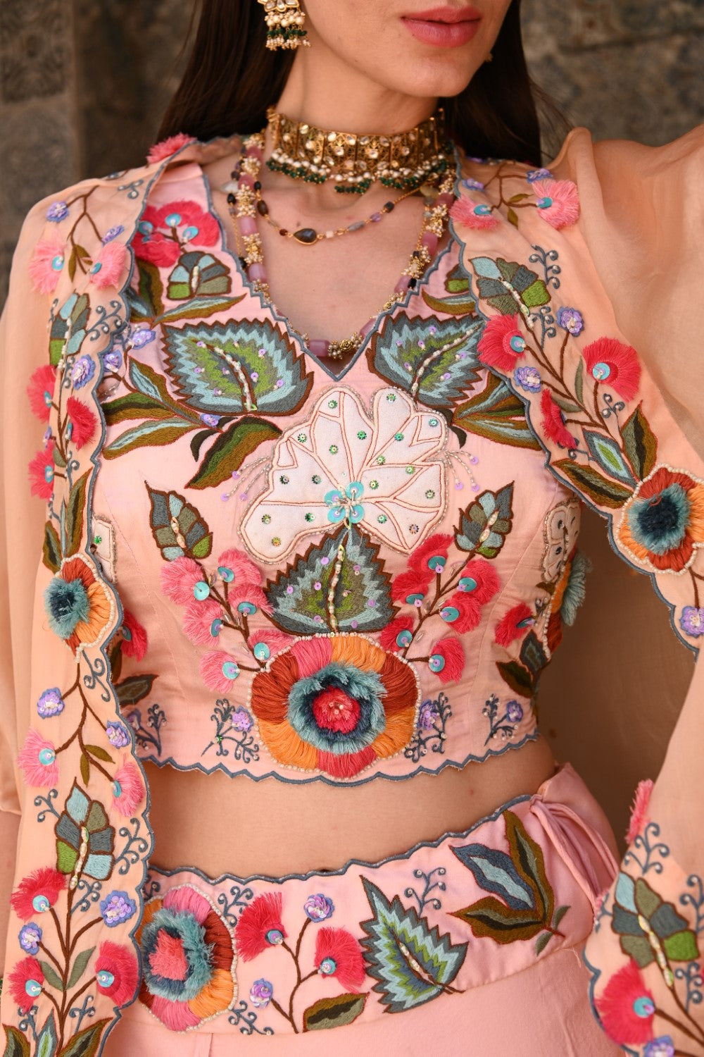 Peach lehenga set with cape