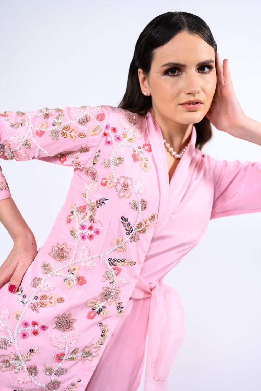 Pastel Pink Blazer Embellished Jumpsuit With Tie Up Details