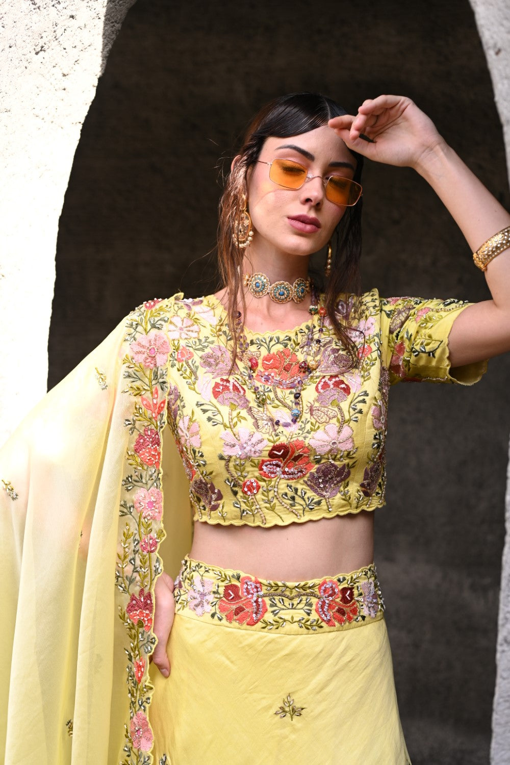 Lemon yellow  embroidered lehenga set