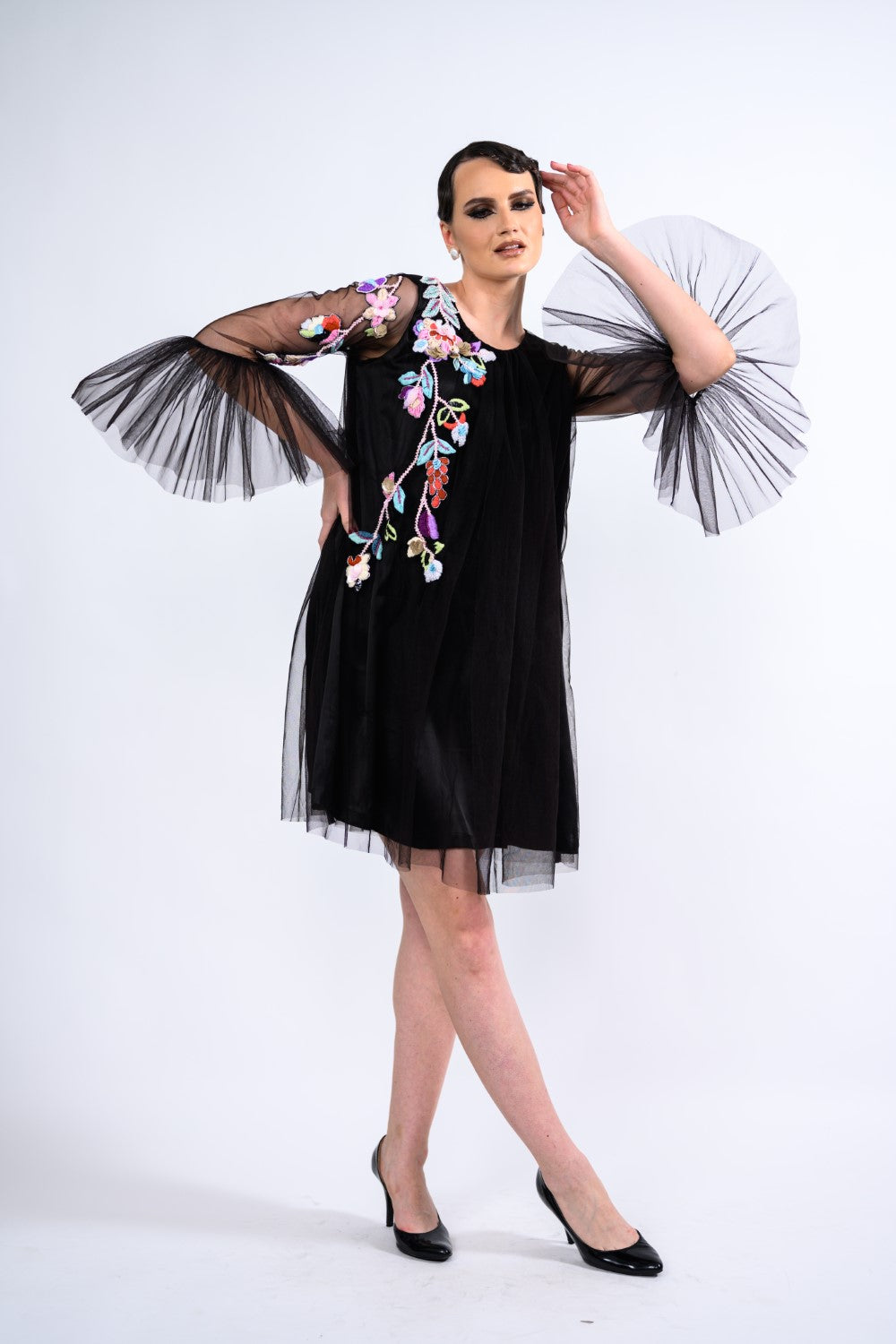 Black Frill Sleeve Sheer Short Dress