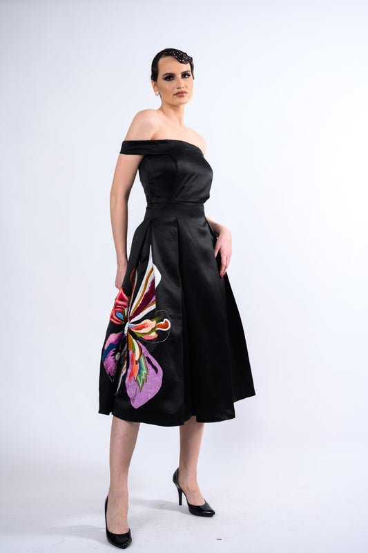Black  Cocktail Off-shoulder Midi Dress