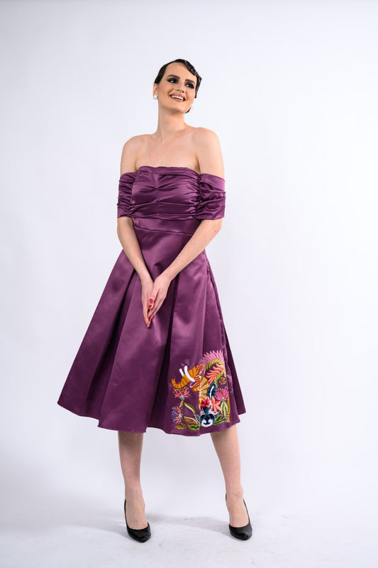 Mauve Off Shoulder Box Pleat Dress