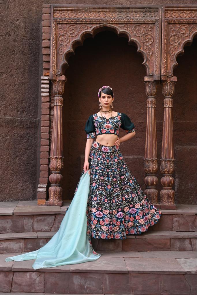 Bottle green embroidered and embellished heavy lehenga set