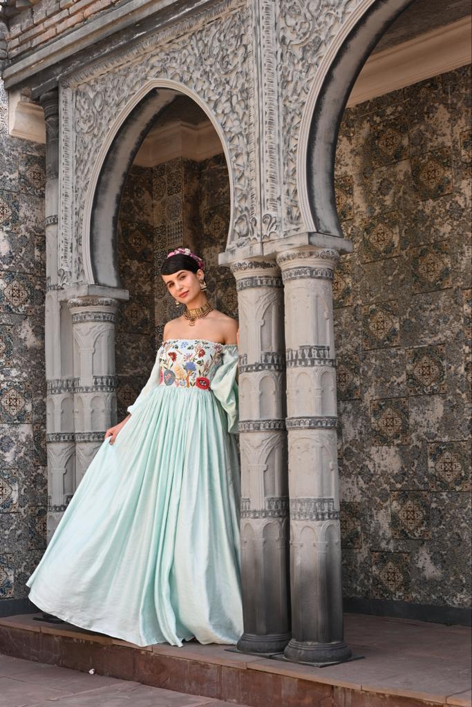 Powder blue off shoulder gown