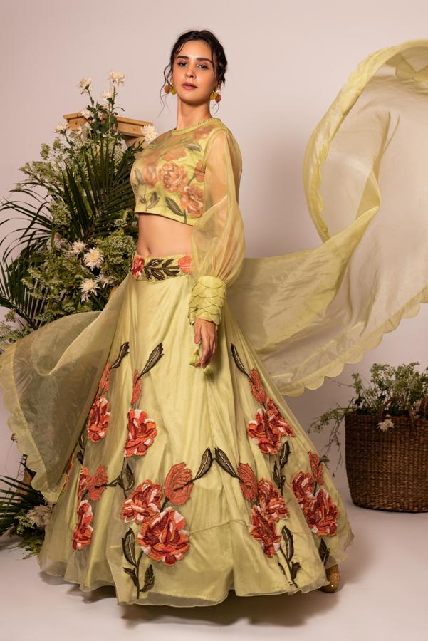 Pista green fish scale sleeves lehenga set