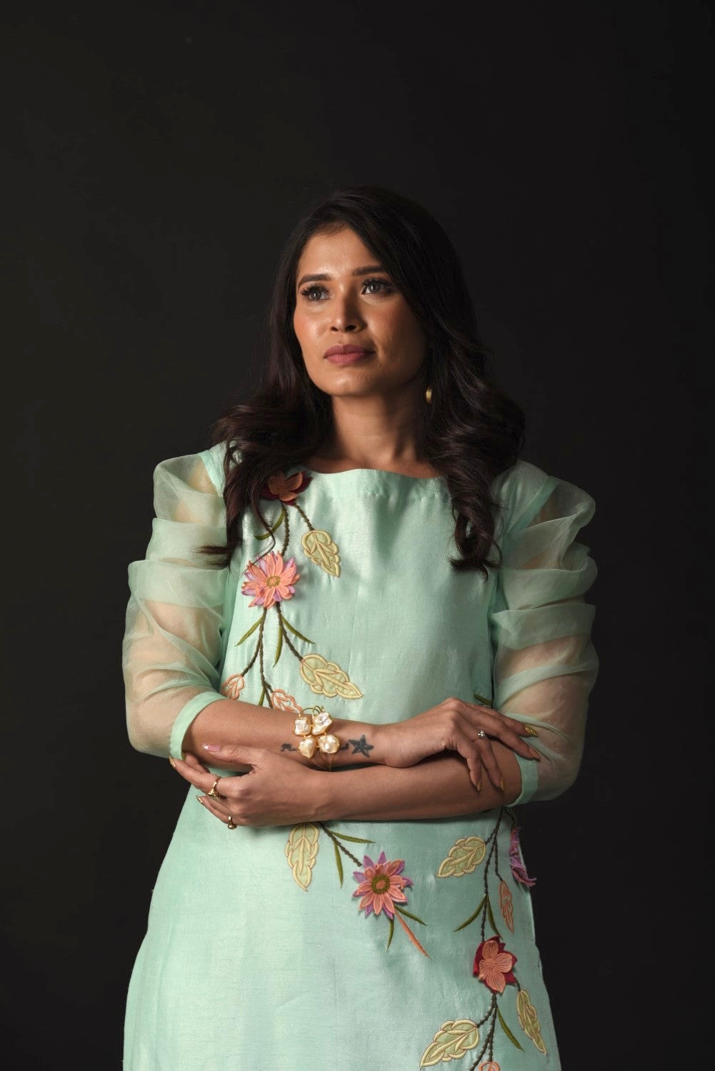 Turquoise floral applique kurti set