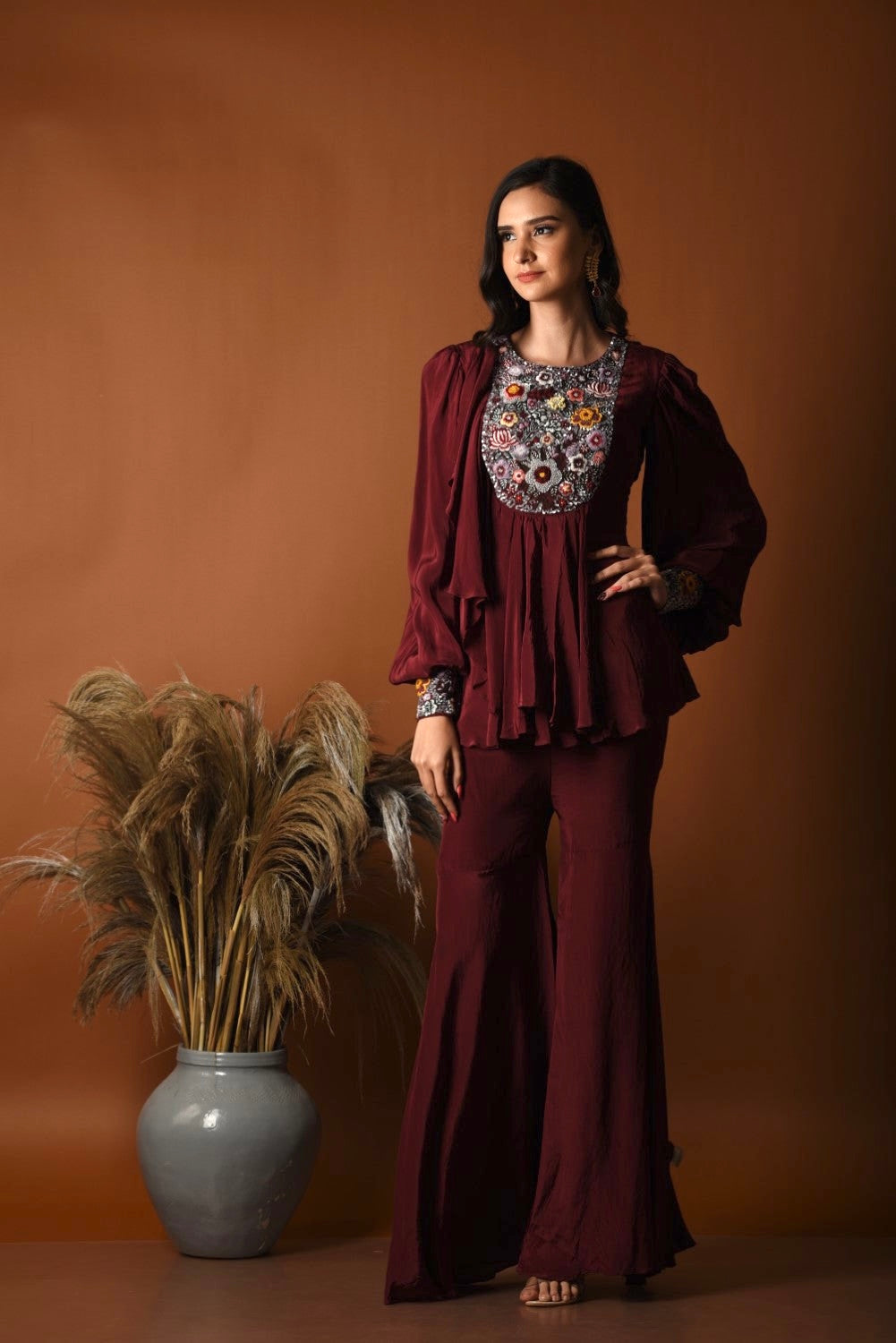 Maroon peplum top and sharara set