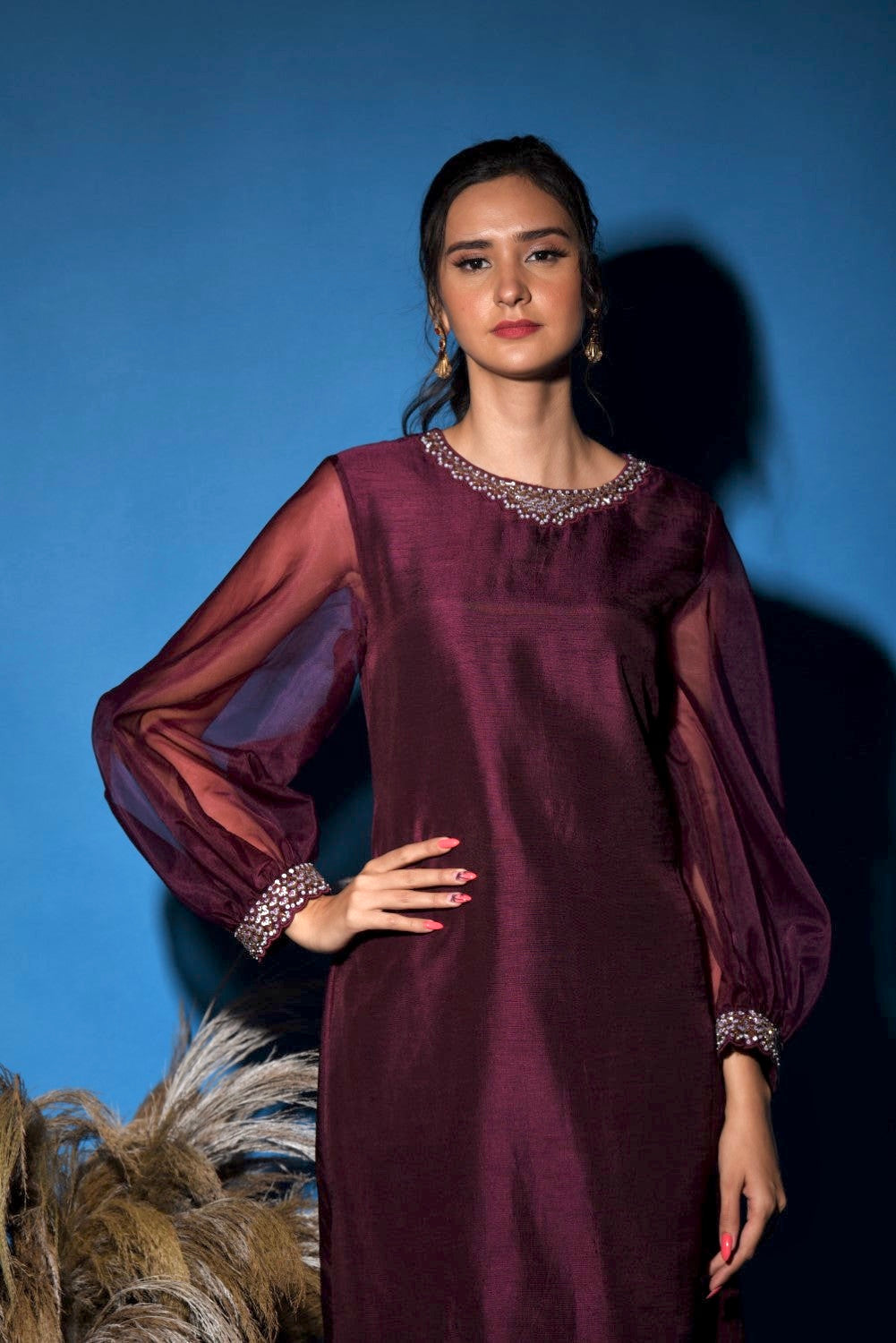 Wine embellished kurti set