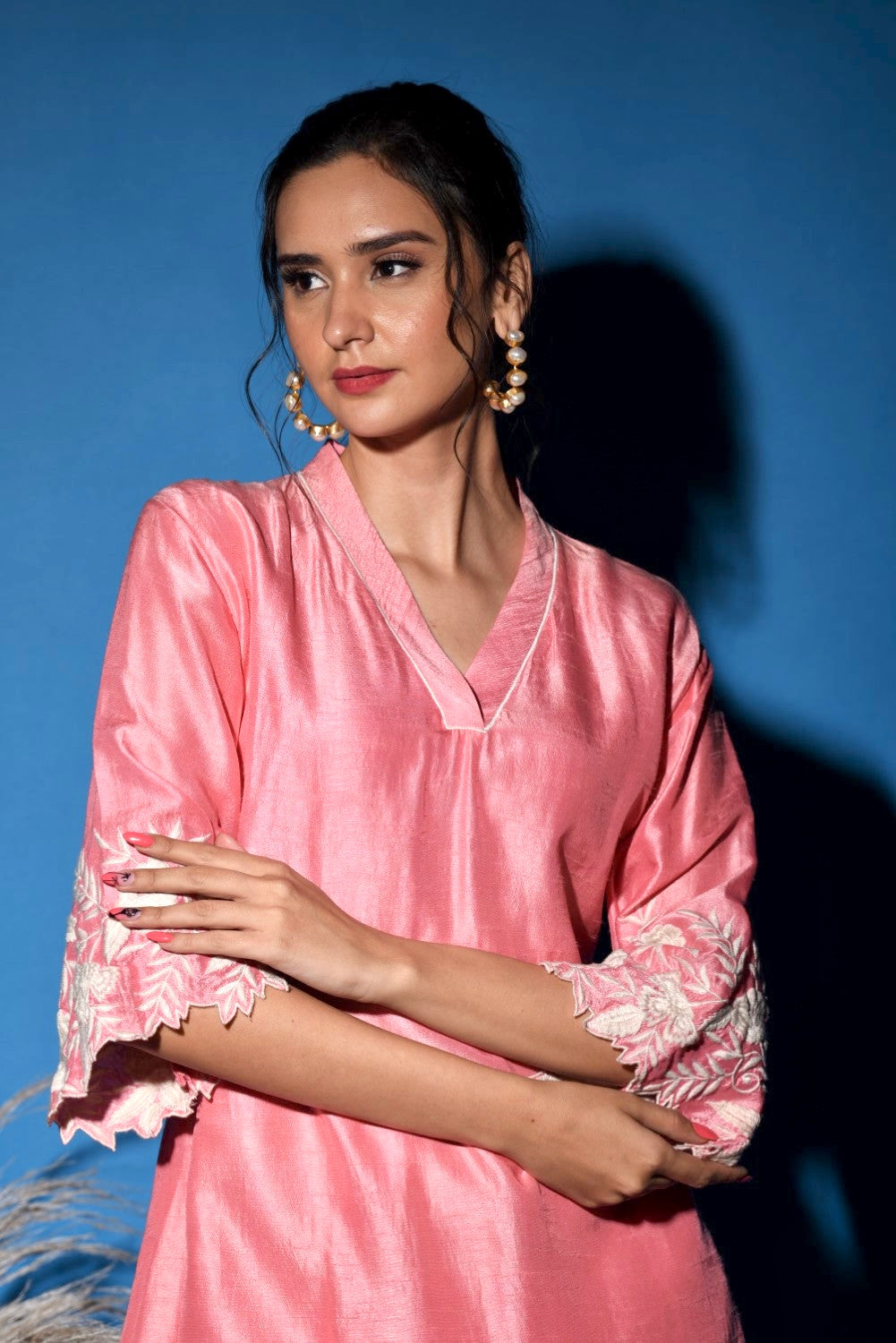 Peachy pink embroidered kurti set