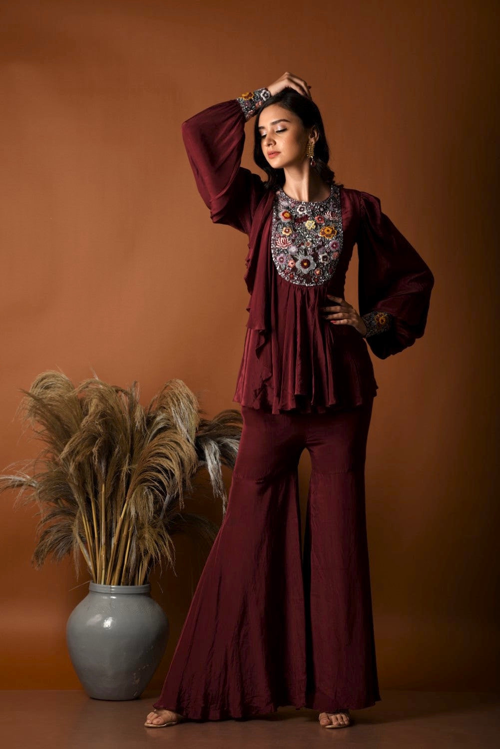 Maroon peplum top and sharara set