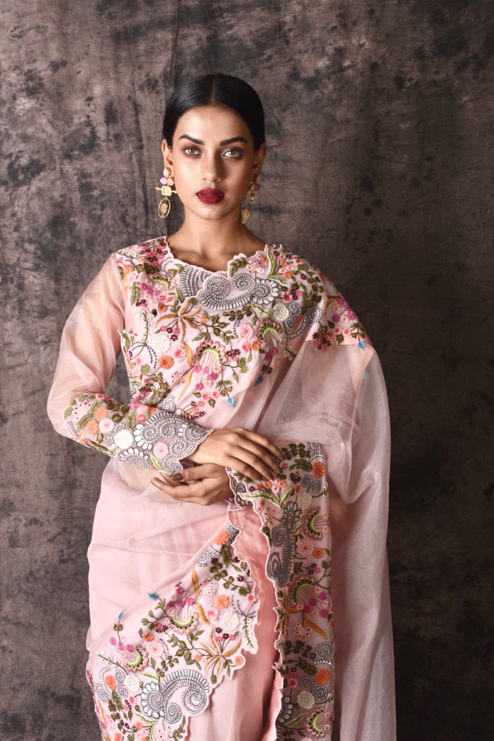 Baby pink embroidered sari with blouse