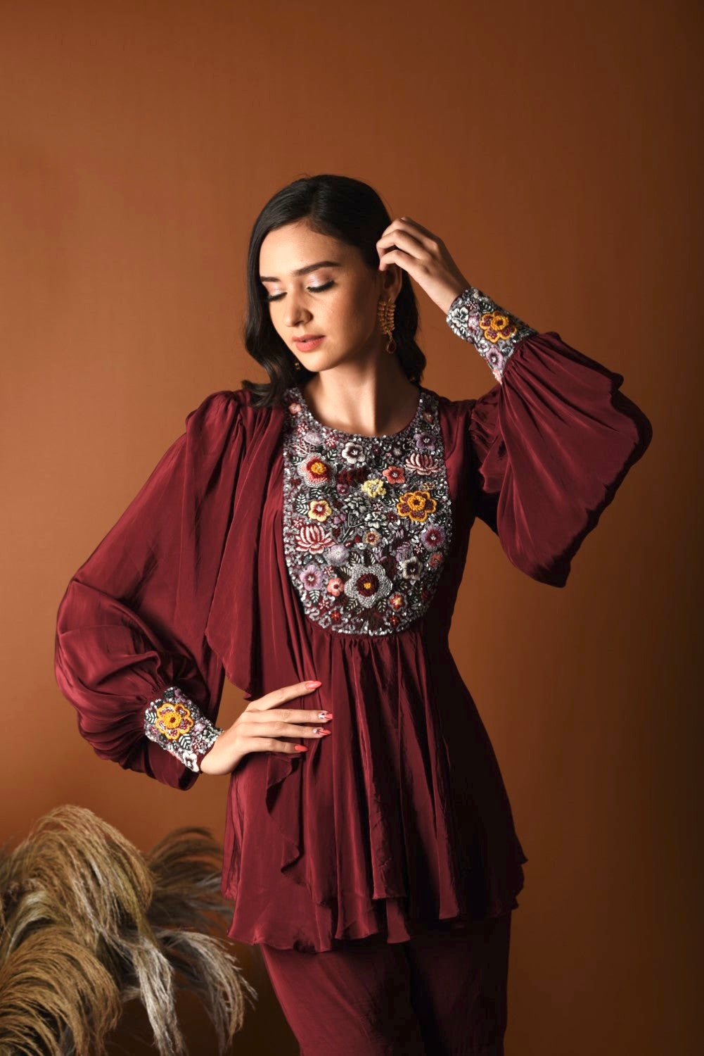 Maroon peplum top and sharara set