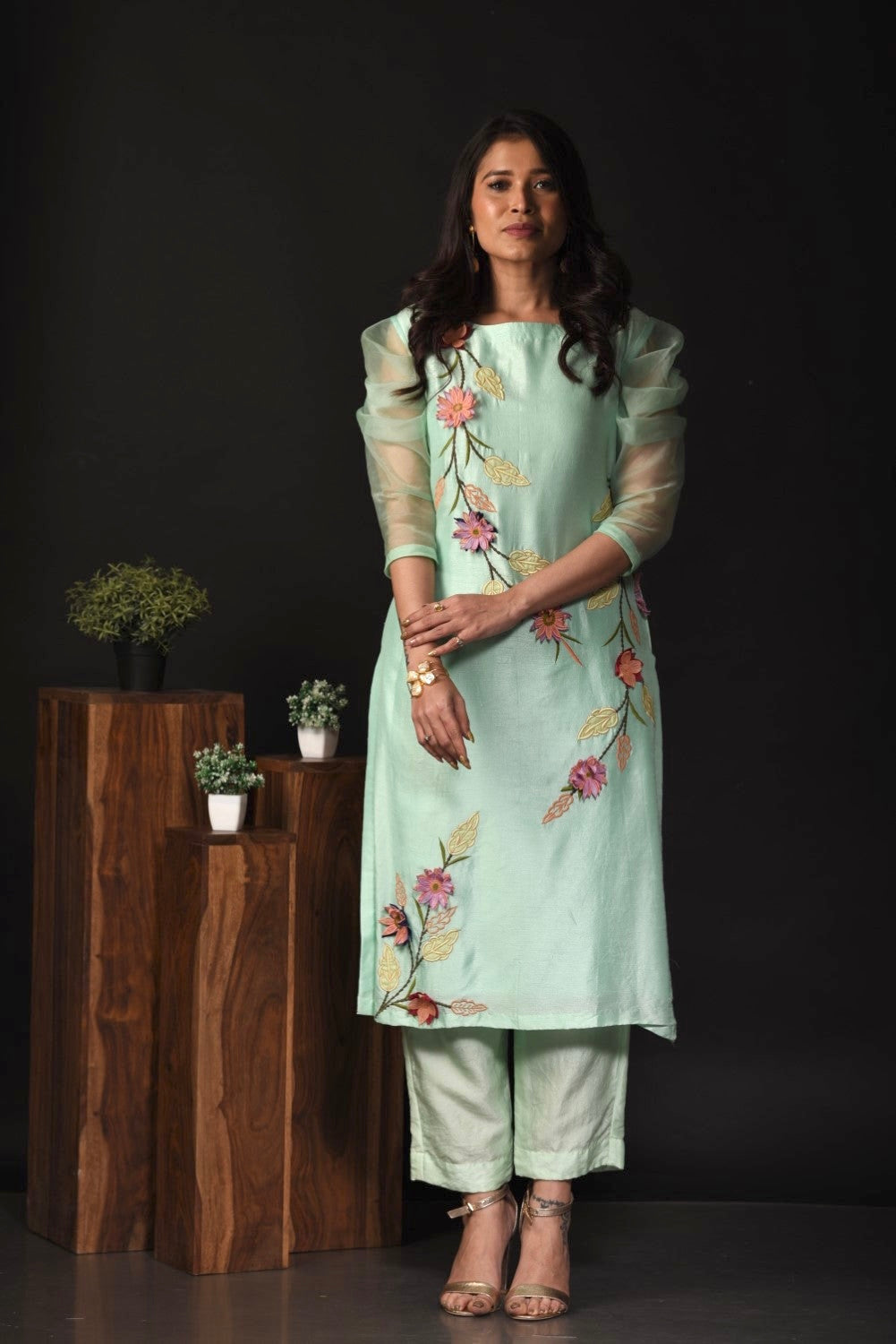 Turquoise floral applique kurti set