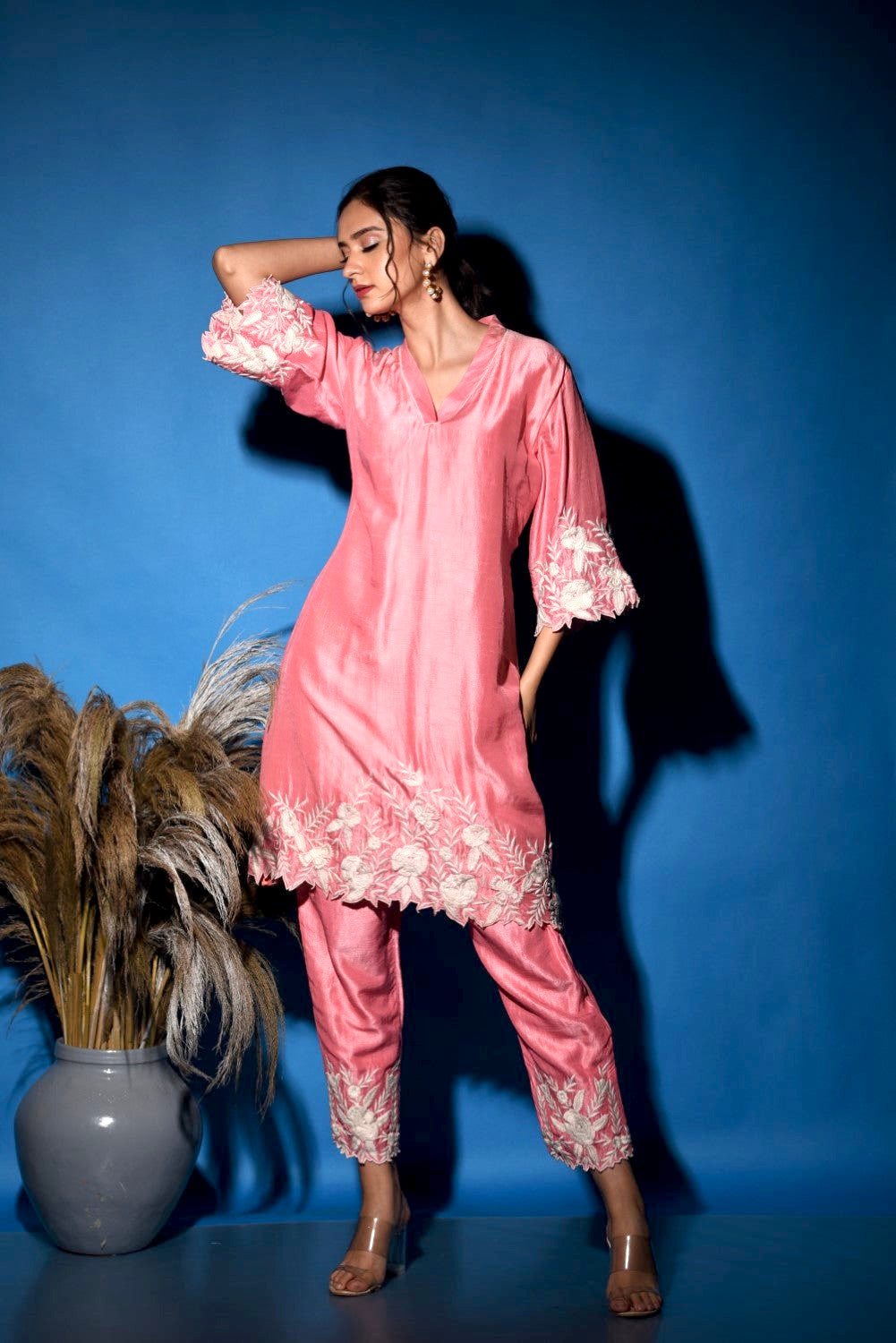 Peachy pink embroidered kurti set
