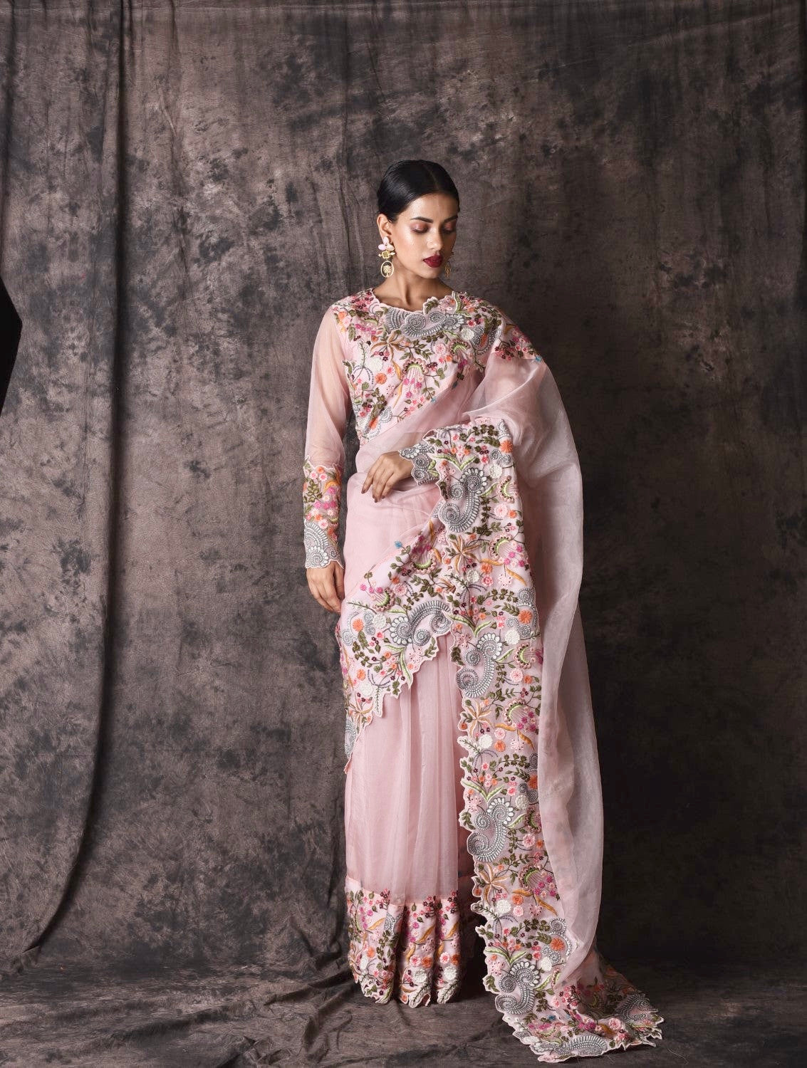 Baby pink embroidered sari with blouse