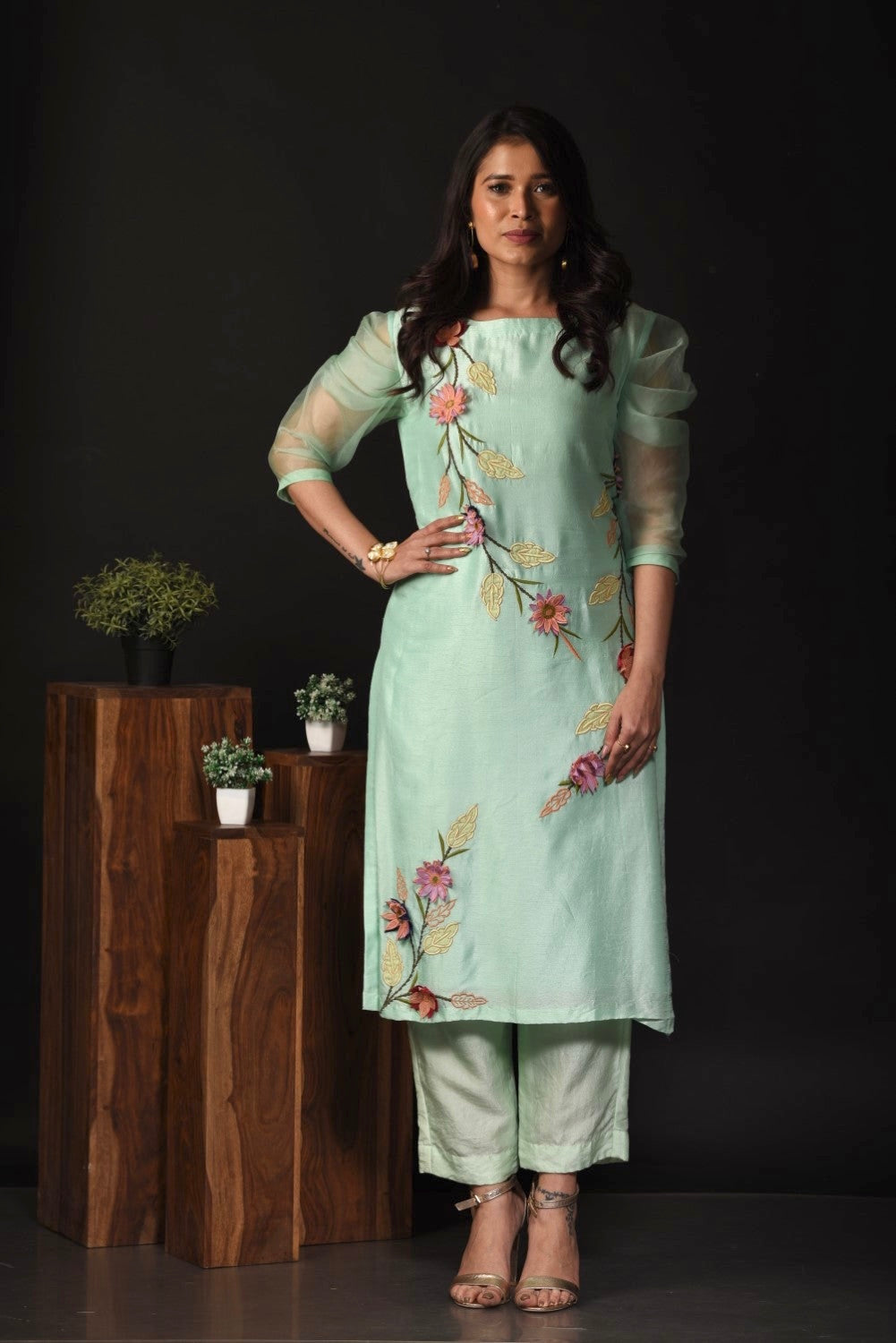 Turquoise floral applique kurti set