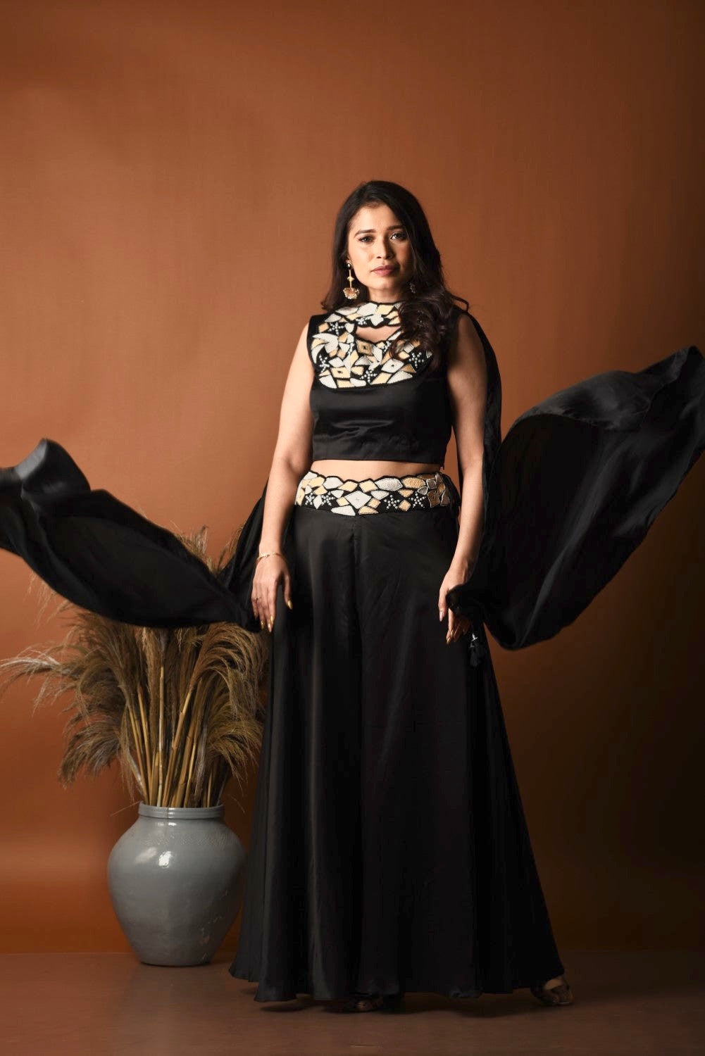 Black geometric work palazzo set