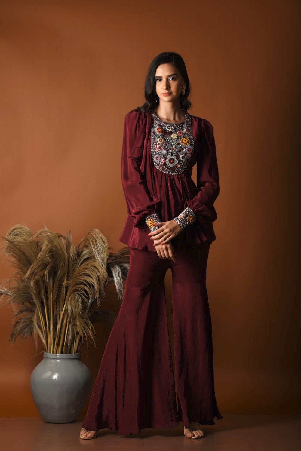 Maroon peplum top and sharara set
