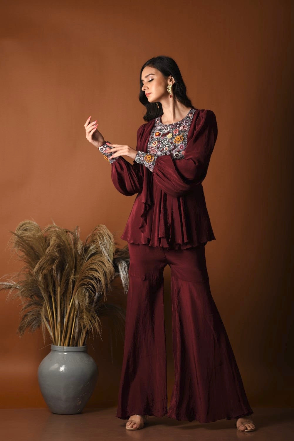 Maroon peplum top and sharara set